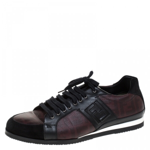 Fendi Black/Burgundy Zucca Coated Canvas and Leather Lace Low Top Sneakers Size 44