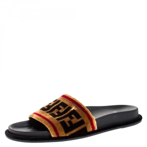 Fendi Brown Zucca Velvet Flat Slides Sandals Size 39