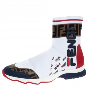 Fendi White Cotton Knit And Leather Fendi-Fila Mania Logo Sock Sneakers Size 41