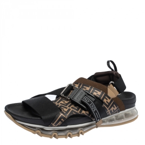 Fendi Black/Brown Zucca Leather and Elastic Band Running Sandals Size 41