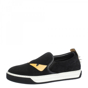 Fendi Black Suede and Leather Monster 3D Eyes Slip On Sneakers Size 40