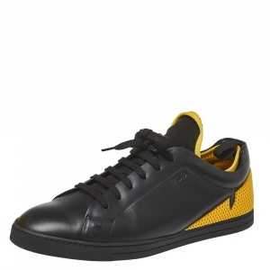 Fendi Black/Yellow Leather And Mesh Corner Bugs Low Top Sneakers Size 44