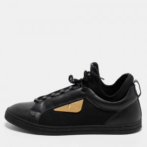 Fendi Black Leather and Fabric Monster Eye Mid Top Sneakers Size 43