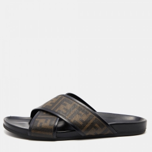 Fendi Brown/Black Zucca Coated Canvas and Leather Crisscross Slide Sandals Size 45