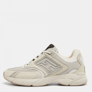 Fendi Cream/Brown Canvas and Leather Faster Sneakers Size 42.5