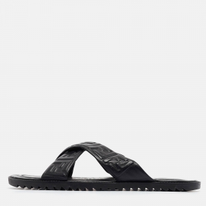 Fendi Black Leather FF Embossed Logo Criss Cross Flat Sandals Size 44
