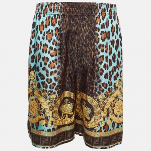 Fendi Multicolor Leopard Baroque Print Silk Shorts XXXL