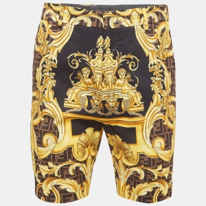 Fendi x Versace Black/Yellow Baroque Print Cotton Bermuda Shorts M