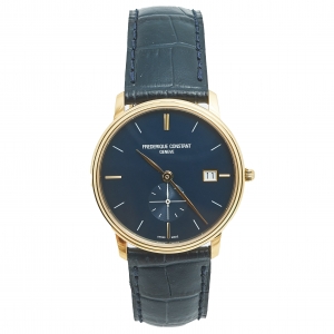 Frederique Constant Blue Yellow Gold Plated Stainless Steel Crocodile Slimline FC245N4S5 Men's Wristwatch 37 mm 