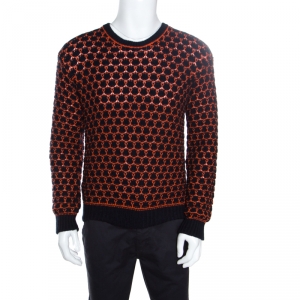 Giorgio Armani Navy Blue And Orange Patterned Knit Crew Neck Sweater L