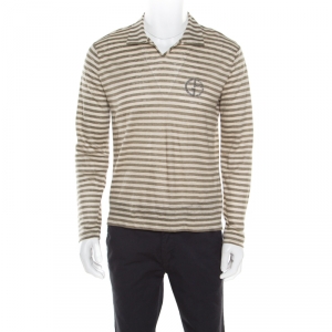 Giorgio Armani Sage Green Linen Striped Jersey Polo T-Shirt 3XL