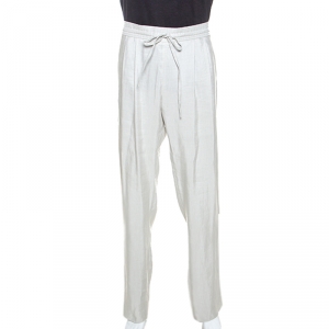 Pre Owned Giorgio Armani Pale Grey Linen Silk Blend Wide Leg Pants M