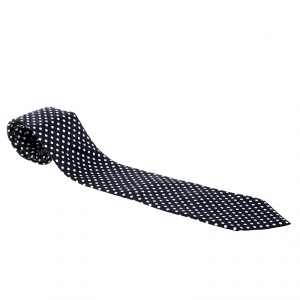Pre Owned Giorgio Armani Navy Blue and White Polka Dotted Traditional Silk Tie