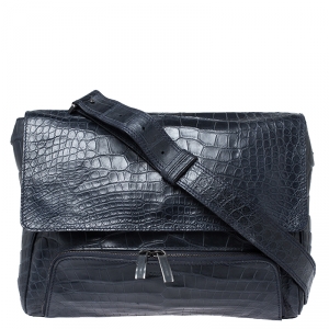 Giorgio Armani Navy Blue Croc Embossed Leather Messenger Bag
