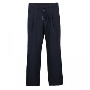Giorgio Armani Navy Blue Linen Tie Detail Wide Leg Pants L