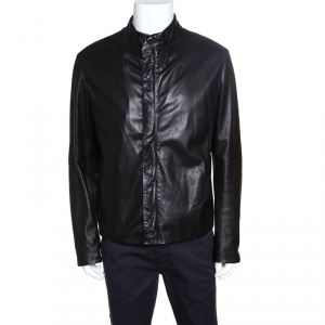 Giorgio Armani Black Lambskin Leather Concealed Zip Front Jacket XXL