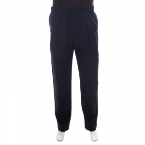 Giorgio Armani Navy Blue Seersucker Wool Elasticized Waist Tapered Trousers XXL