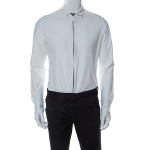 Pre Owned Giorgio Armani White Textured Cotton Zip Front Shirt M 