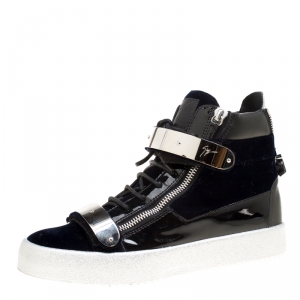 Giuseppe Zanotti Navy Blue Velvet and Black Leather Coby High Top Sneakers Size 43
