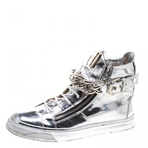 Pre Owned Giuseppe Zanotti Metallic Silver Mirrored Leather London High Top Sneakers Size 43