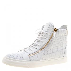 Pre Owned Giuseppe Zanotti White Croc Embossed Leather London High Top Sneakers Size 46