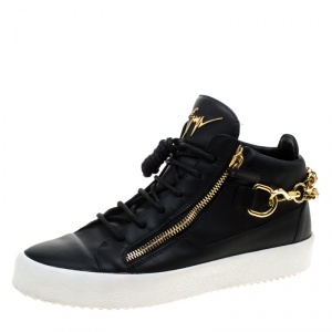 Pre Owned Giuseppe Zanotti Black Leather London Chain Embellished High Top Sneakers Size 44