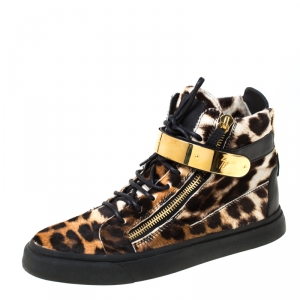 Giuseppe Zanotti Brown/Black Leopard Print Calf hair Lace Up High Top Sneakers Size 43