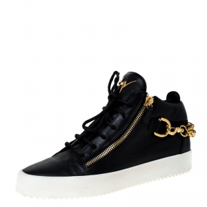 Pre Owned Giuseppe Zanotti Black Leather London Chain Embellished High Top Sneakers Size 44
