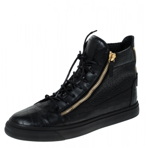 Pre Owned Giuseppe Zanotti Black Croc Embossed Leather Double Zipper High Top Sneakers Size 45