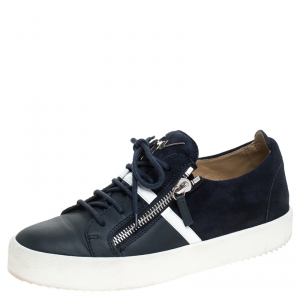 Pre Owned Giuseppe Zanotti Blue Leather And Suede May London Double Zip Low Top Sneakers Size 42.5