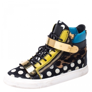 Giuseppe Zanotti Multicolor Leopard/Polka Dot Satin And Leather High Top Sneakers Size 41