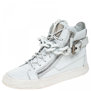 Giuseppe Zanotti White Leather Metal Chain Embellished High Top Sneakers Size 41