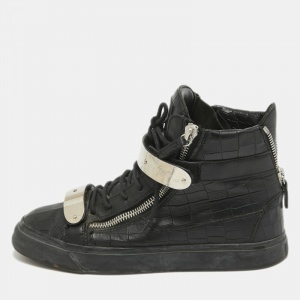 Giuseppe Zanotti Black Croc Embossed Leather Double Zip Sneakers Size 42