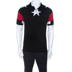 Givenchy Black Pique Knit Star Appliqué Detail Contrast Short Sleeve Polo T Shirt M