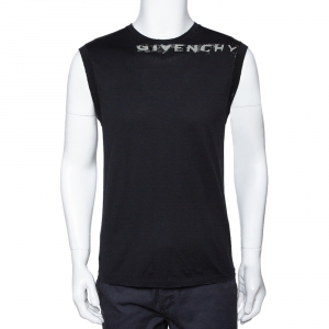 Givenchy Black Logo Print Cotton Distressed Detail Sleeveless T-Shirt L