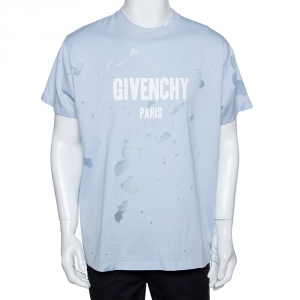 Givenchy Light Blue Logo Print Cotton Distressed Columbian Fit T-Shirt S