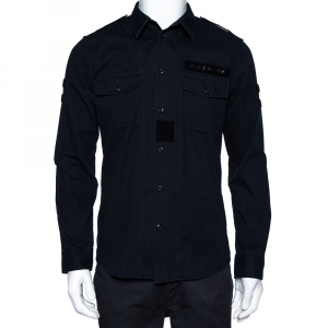 Pre Owned Givenchy Midnight Blue Cotton Velcro Appliqued Shirt M