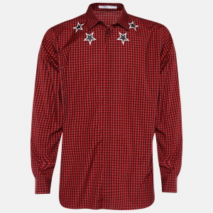 Pre Owned Givenchy Red Gingham Check Star Print Poplin Shirt XXL