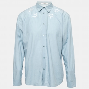 Givenchy Blue Cotton Star Embroidered Button Front Shirt XXL