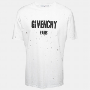 Pre Owned Givenchy White Distressed Cotton Logo Printed Short Sleeve T-Shirt M