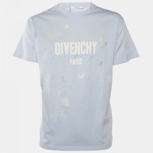 Givenchy Light Blue Logo Printed Cotton Distressed Crewneck T-Shirt L
