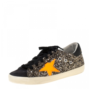 Golden Goose Black/Neon Orange Glitter and Suede Superstar Lace Up Sneakers Size 36