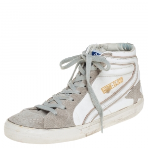Pre Owned Golden Goose White/Grey Leather And Suede High Top Sneakers Size 40