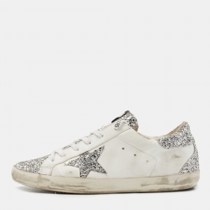 Golden Goose White/Silver Leather and Coarse Glitter Superstar Sneakers Size 41