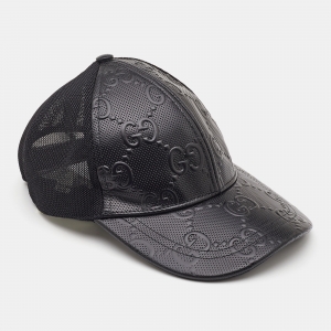 Gucci Black Logo Embossed Leather& Mesh Baseball Cap M