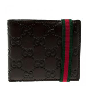 Gucci Dark Brown Guccissima Leather Web Detail Bi Fold Wallet