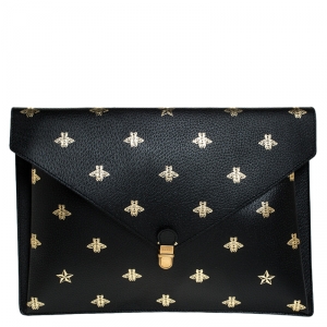 Gucci Black Bee Star Leather Portfolio Clutch
