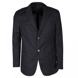 Gucci Navy Blue Checkered Wool Contrast Piping Detail Regular Fit Blazer L