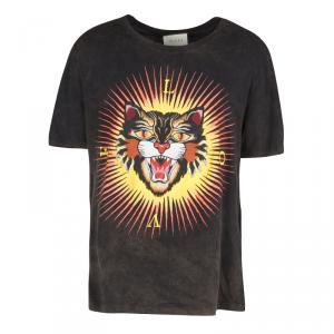 Gucci Brown Tiger Motif Distressed Effect Short Sleeve T-Shirt XL