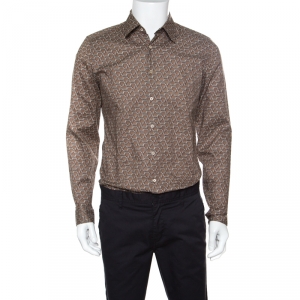 Gucci Brown Horsebit Printed Cotton Long Sleeve Slim Fit Shirt M
